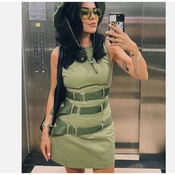 Zara Short Waxed Dress With Belts Cargo Military Green S 5427/301 New - Picture 4 of 12